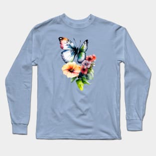 Beautiful Butterfly with Colorful Flowers Long Sleeve T-Shirt